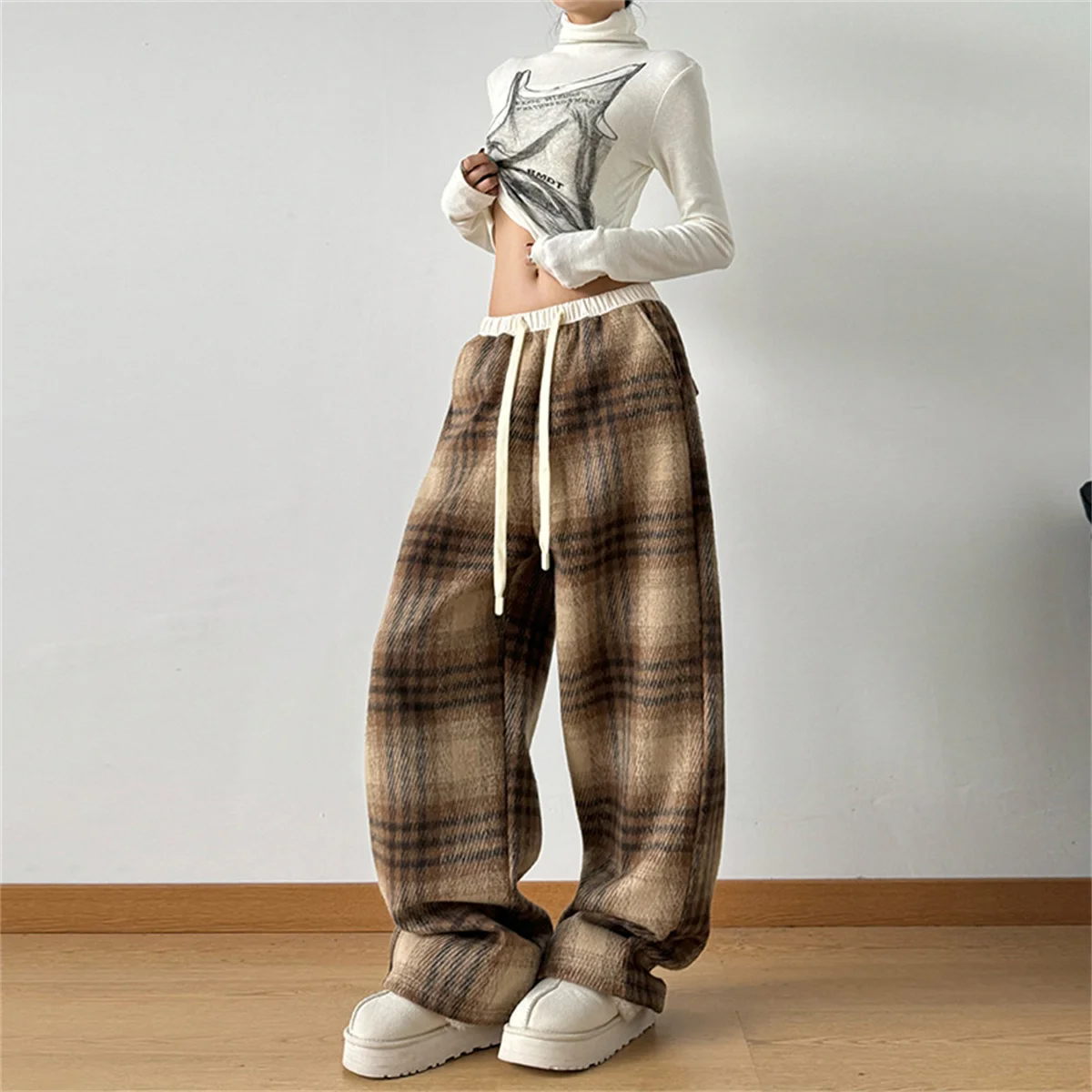 Fashion Warm Plush Pants Cashmere Thick Plaid Ladies Winter Casual Loose Wide-legged Pants Korean Streetwear Students Lazy Pants