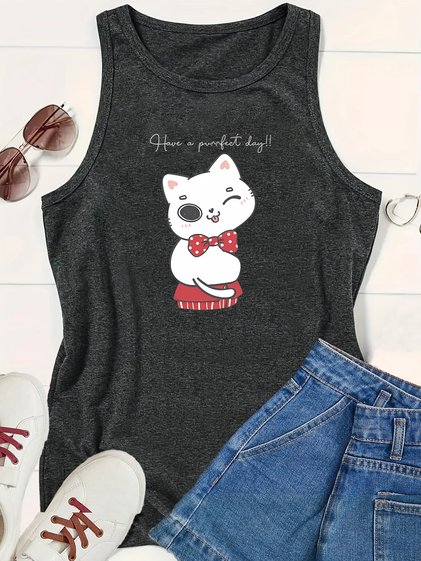 Peace Cute Animal Cat Fashion Women's Safety Tank Top Loose O Neck Sleeveless Casual Women's Tank Top