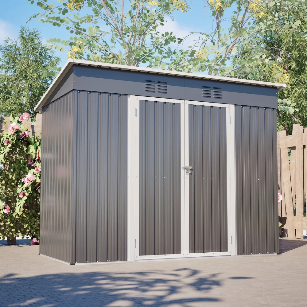 8x4 ft metalen tuinschuur, grijze buitenschuur met afsluitbare deur en 2 ventilatieroosters, gereedschapschuur voor terras, binnenplaats en tuin