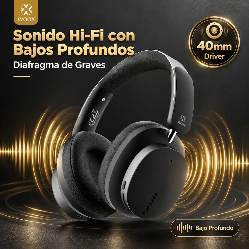WOOX MX0224 Auriculares Inalámbricos Over-Ear con Bluetooth 5.4 | Diadema Plegable | 6h de Autonomía | 200mAh | Bajos Profundos | Entrada AUX | Carga Tipo-C | Llamadas Manos Libres | Auriculares Cómodos con Almohadillas Suaves | para Música Gaming Trabajo