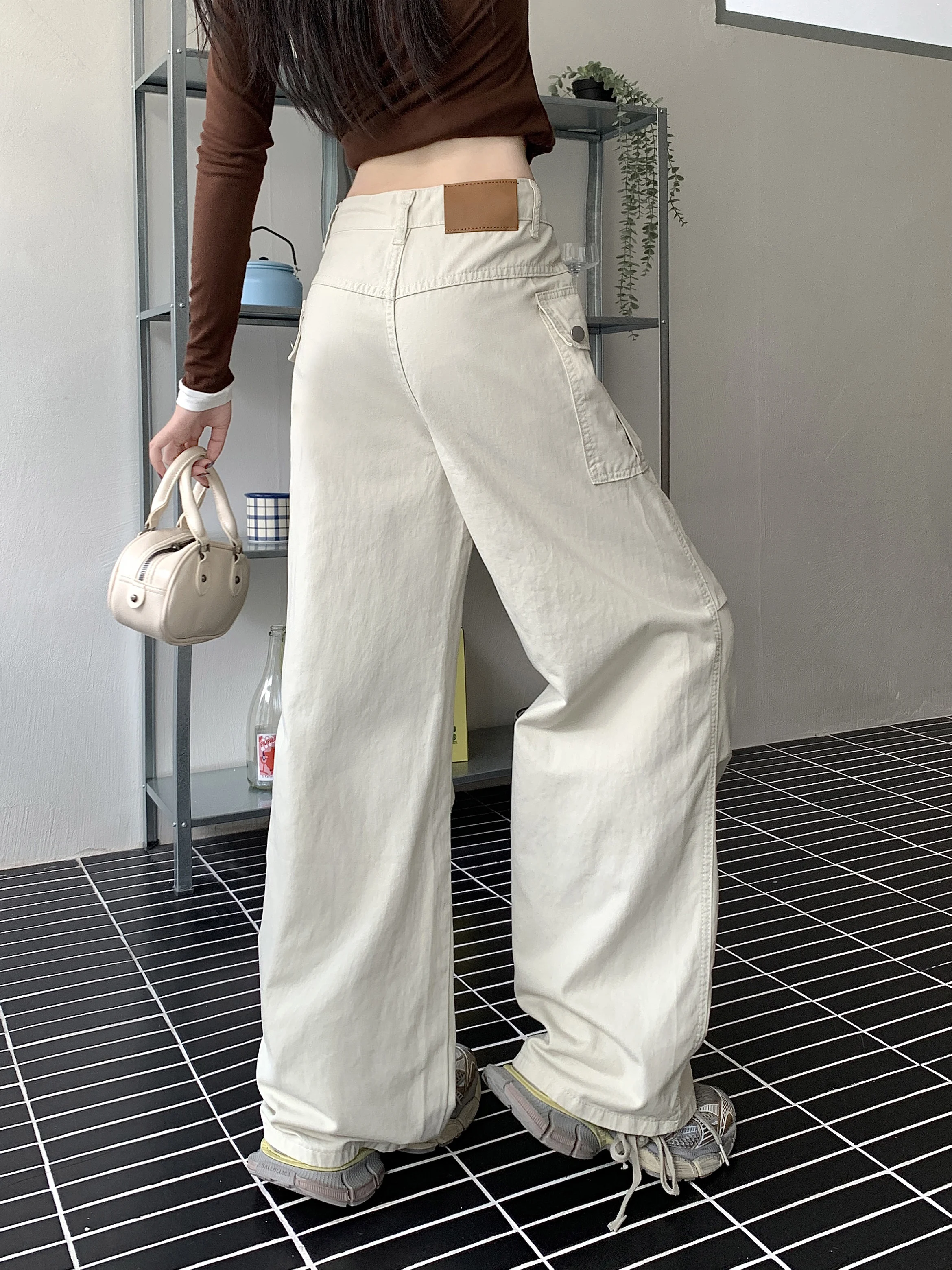 Pantalones multibolsillos con botones de color albaricoque para mujer, moda coreana Harajuku, pantalones de trabajo de calle alta, pantalones rectos sueltos de cintura alta de los años 90