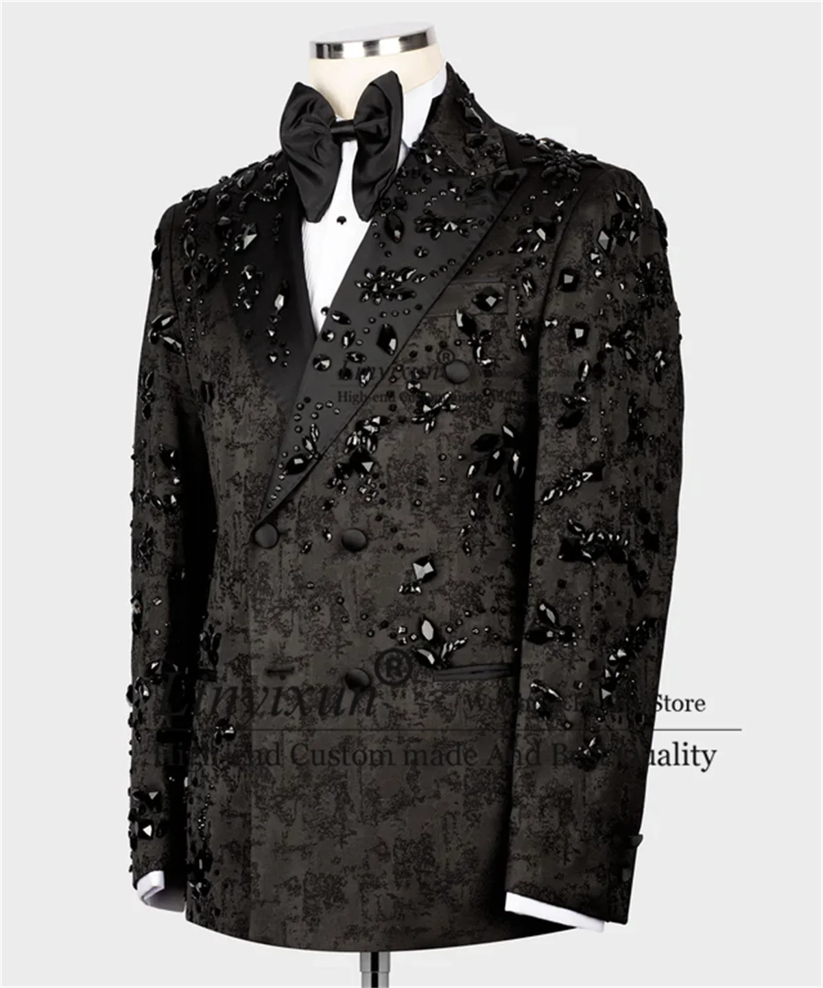 Black Gemstone Embirored Tuxedos Men Suits Luxury Crystals 2 Pieces Sets Groom Wedding Party Prom Blazers Slim Fit Costume Homme