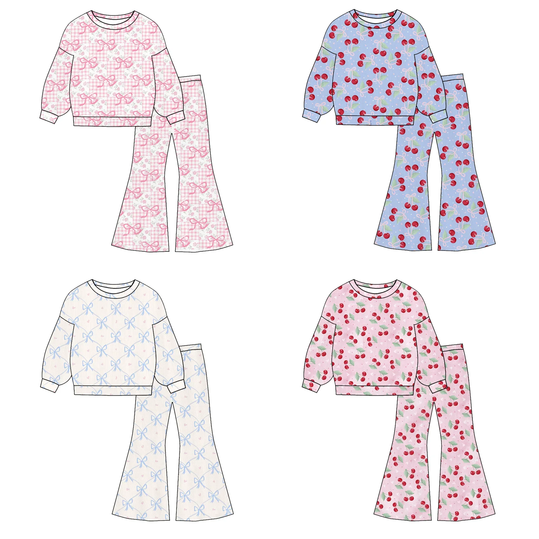 

Модный повседневный комплект одежды для девочек: топ с длинными рукавами и расклешенные брюки с розовым бантом и вишневым принтом, комплект из 2 предметов из молочного шелка