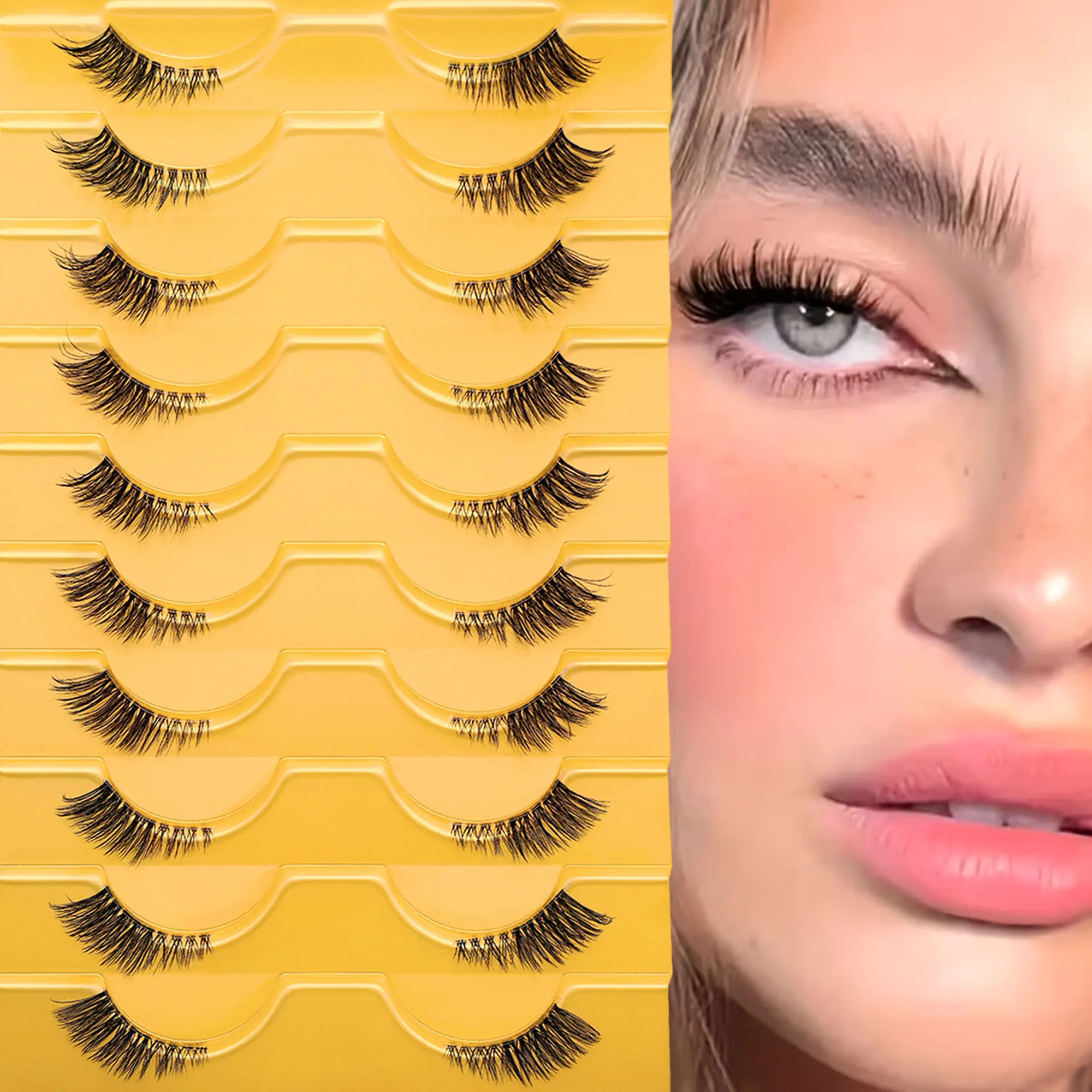 10 Paar kurze, halblange künstliche Wimpern, weicher und natürlicher Cat-Eye-Stil, 3D-flauschiger Fox-Eye-Stil.
