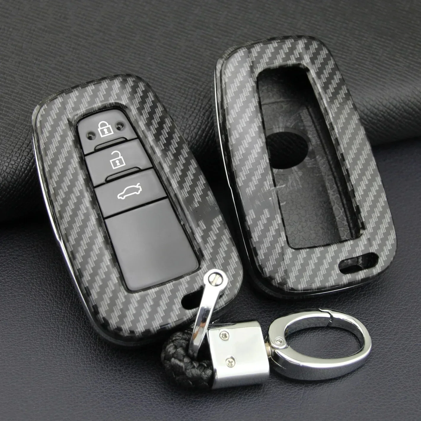 Pokrowiec na kluczyk samochodowy Toyota Fob Chain Ring Shell Camry RAV4 Avalon Corolla C-HR Prius 86 GT86 Mirai 4Runner Carbon Fiber — zdjęcie 2