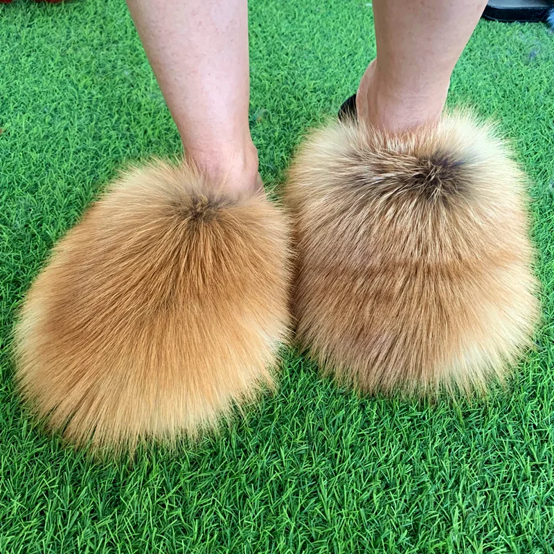 Raccoon Fur Slippers New Designer Real Tan  Fur Women Slides Slippers For Season With Customized Color