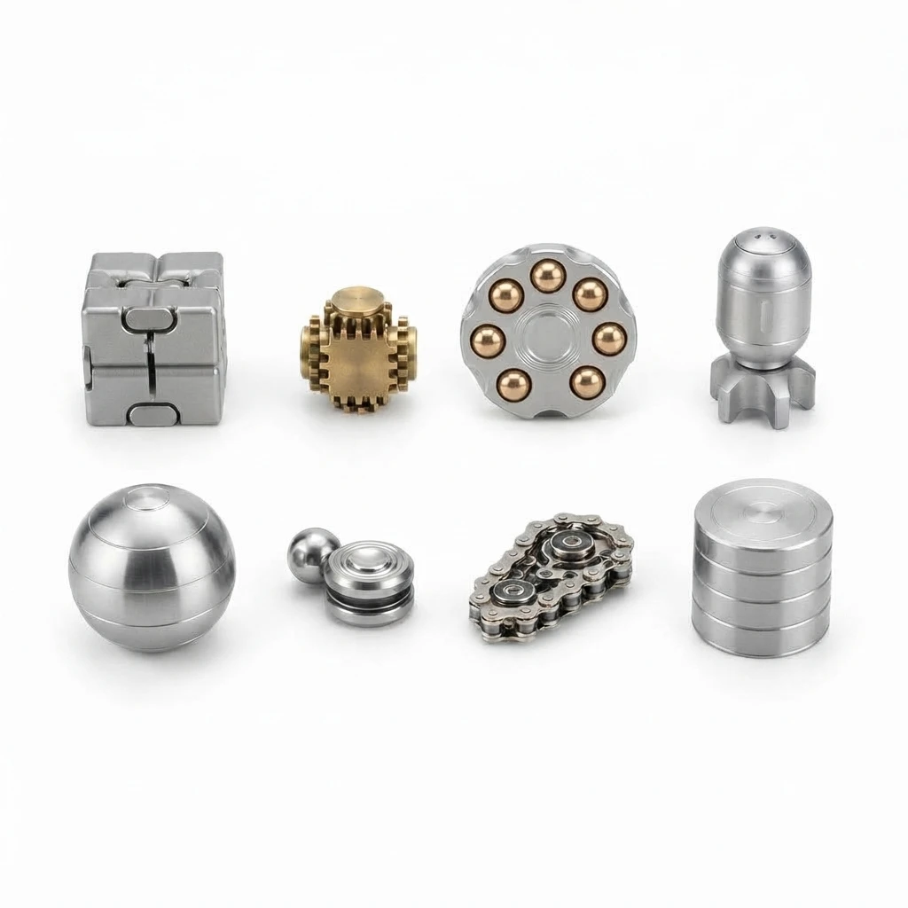 Set of 8-Pcs Precision Metal Fidget Toy Collection Kinetic Desk Sculpture Stress Relief Spinner Infinity Cube Brass Gear Magnetic Orbit Ball EDC Sensory Focus Desktop Decor Office Gift for Adults