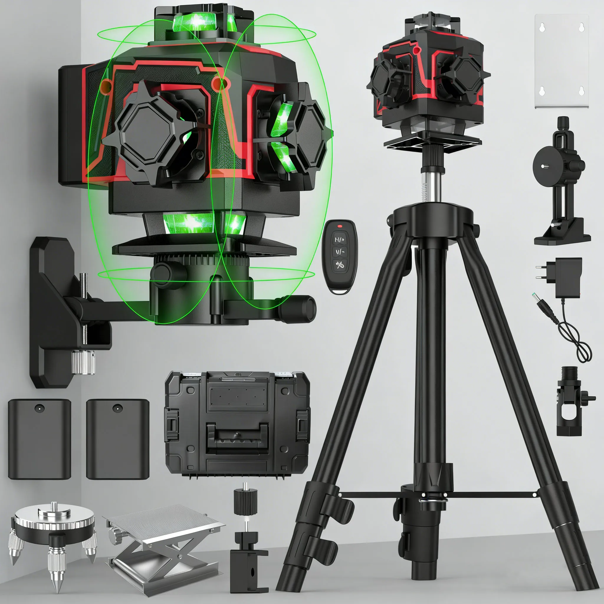 Niveau laser vert 4D 16 lignes, auto-nivelant et mode pulsé extérieur, télécommande, support rotatif, pour la construction et la peinture murale