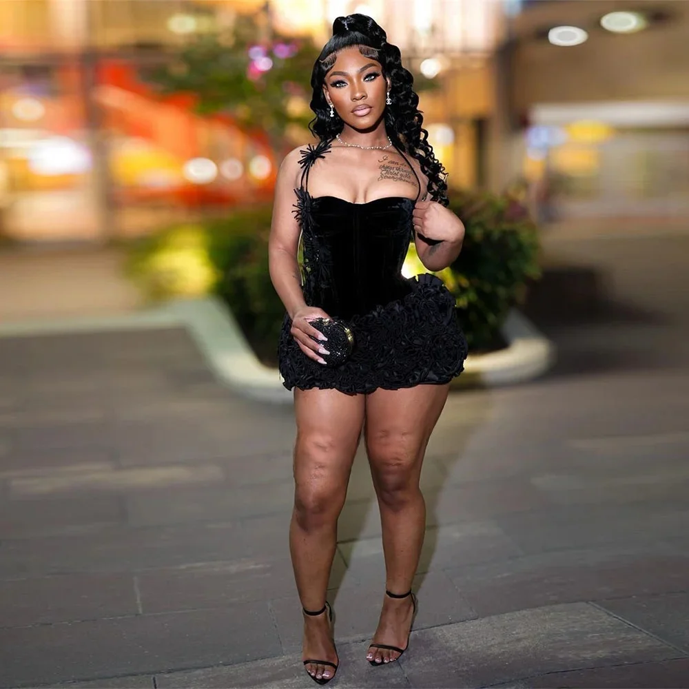 Qanz Black Girl Prom Dresses 2025 Luxury Velvet Mini Birthday Dress Women Ruffles Tiered Vestidos Para Mujer De Noche Customized — zdjęcie 2