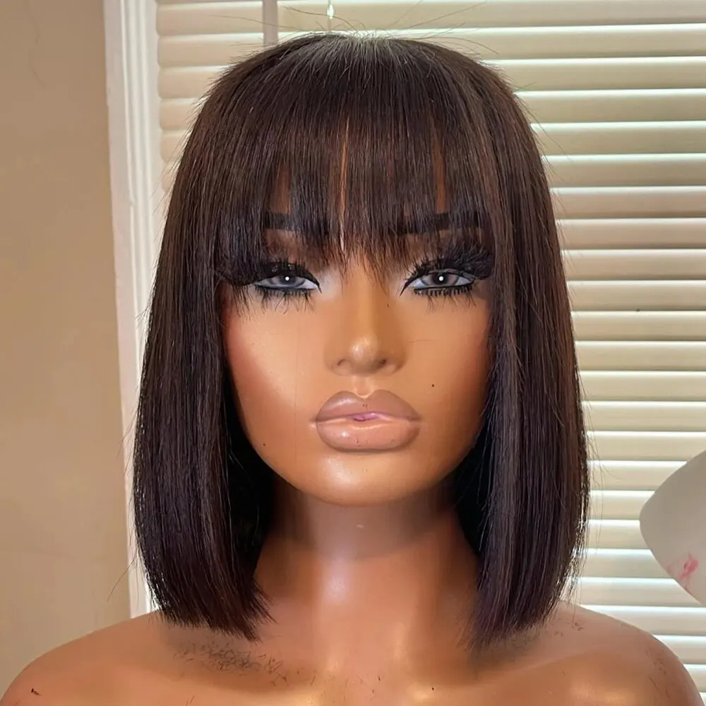 Straight Bob Wig With Bangs Natural Short Straight Wigs For Black Women Machine Made Brazilian Virgin Hair Bangs Wigs For Women