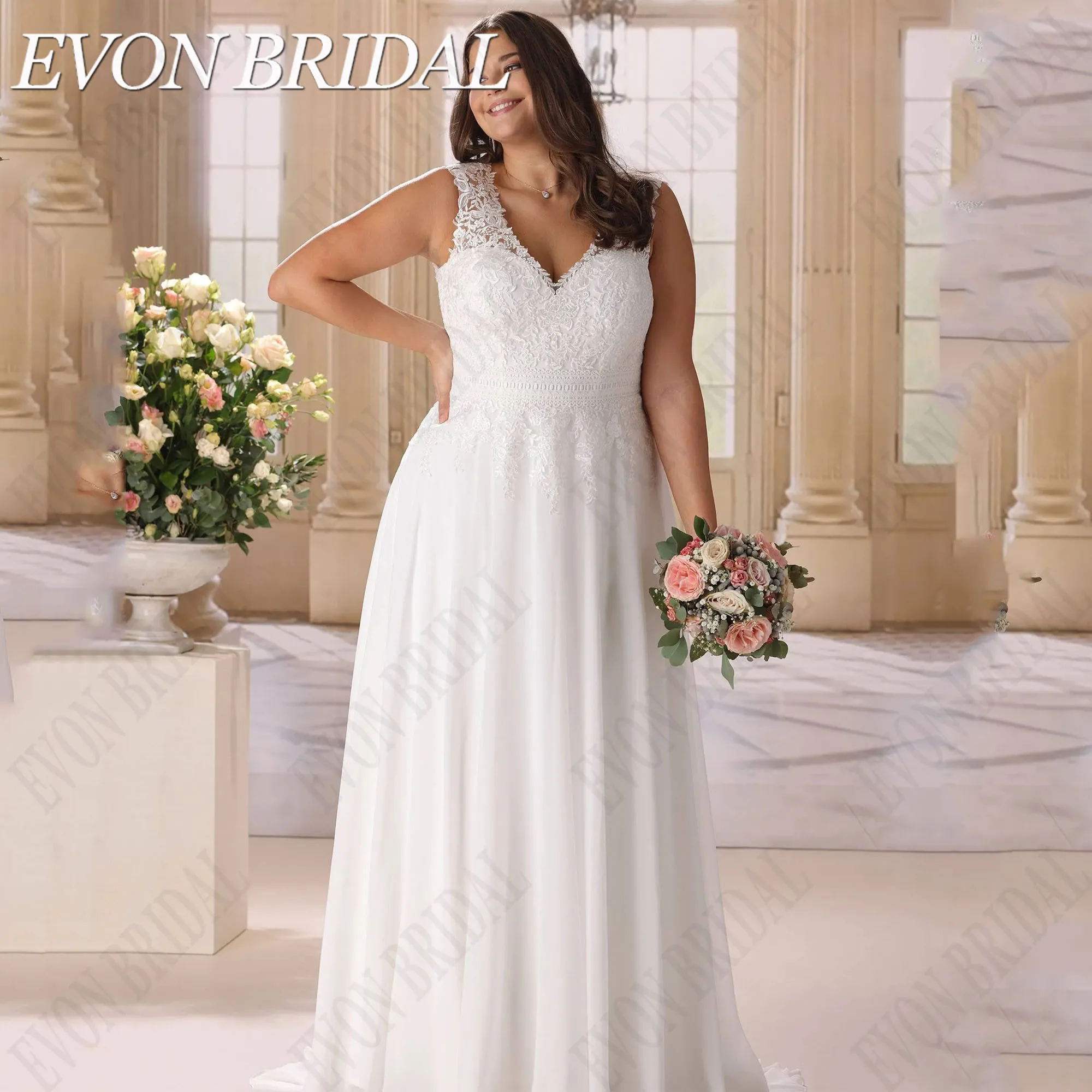 

EVON BRIDAL Chiffon A-Line Wedding Dresses Plus Size Cap Sleeves Civil Bride Gowns Custom Applique A-Line vestido de novia boda