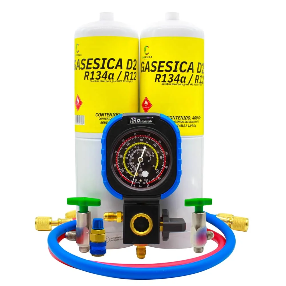 Pack 2 bottles gasica D2 refrigerant Gas eco-friendly substitute R12 and R134 plus manometer and quick connector