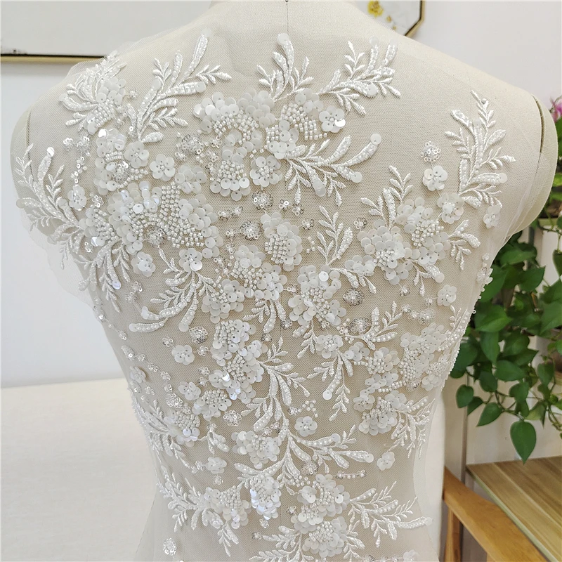 3D Luxury Flower Beaded Lace Appliques for Wedding Dresses Veils Bodice Rhinestone Lace Applique Patches Embroidery Lace  Ropa