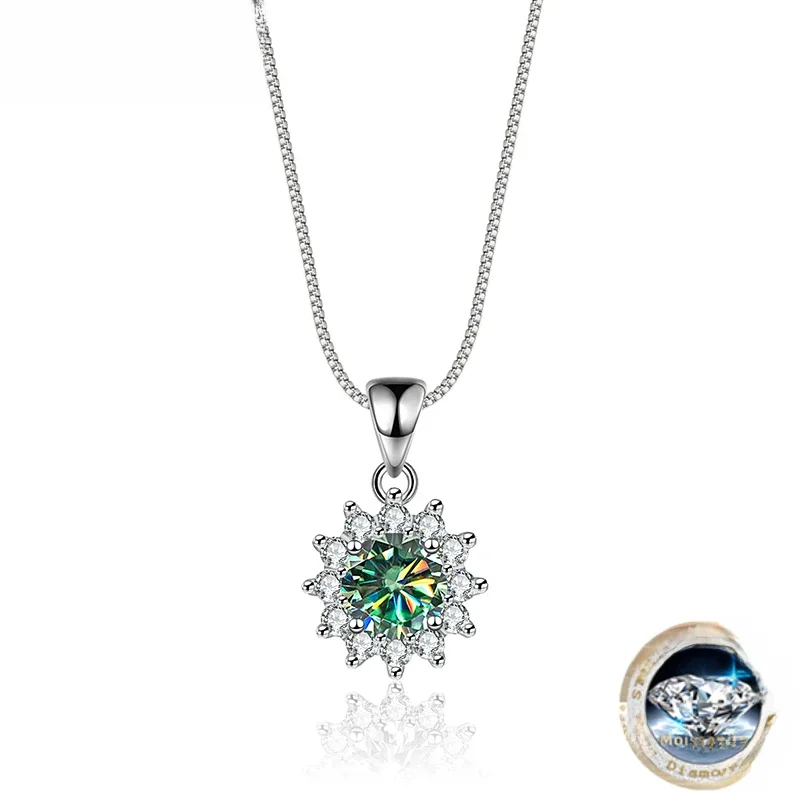 JoyceJelly prawdziwe 0.5-1 Carat D kolor Moissanite naszyjnik dla kobiet srebro 925 biżuteria w kształcie kwiatu wisiorek zielony kamień — zdjęcie 2