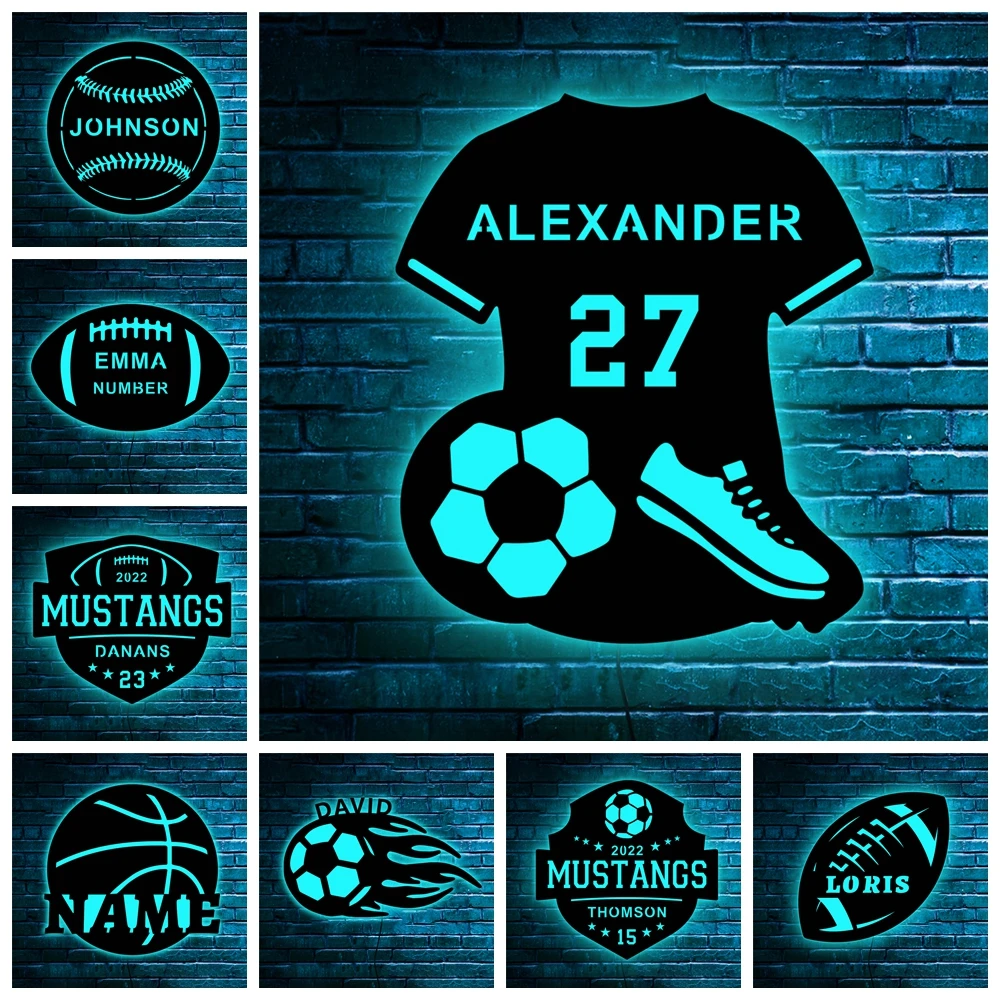 Personalized Soccer Football Baseball Basketball LED Wall Lamp Custom Name Sports Neon Night Light For Son Kids Bedroom Decor