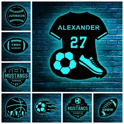 Personalizado LED Neon Wall Lamp, Custom Name Night Light, futebol, futebol, beisebol, basquete, filho, crianças, decoração do quarto, esportes