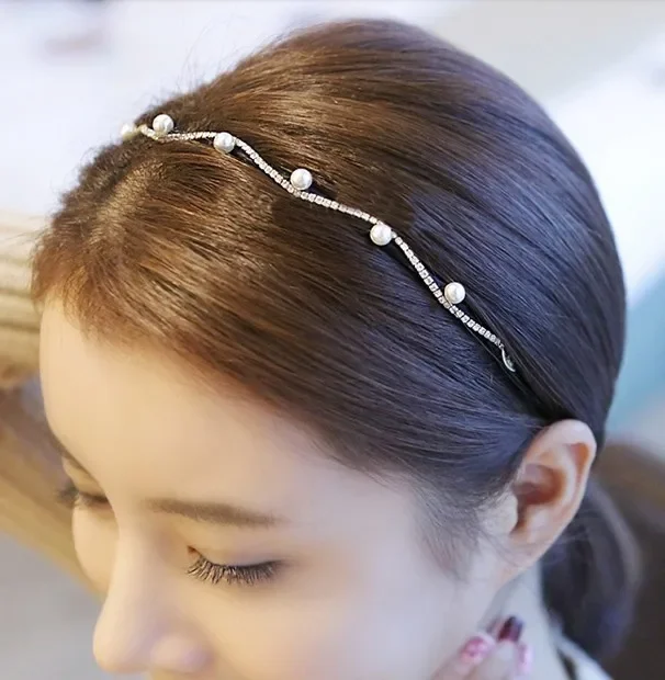 Lady Girls Pearl Wave Crystal Leaves Hairband korona opaska nakrycia głowy Hoop akcesoria opaski do włosów — zdjęcie 2