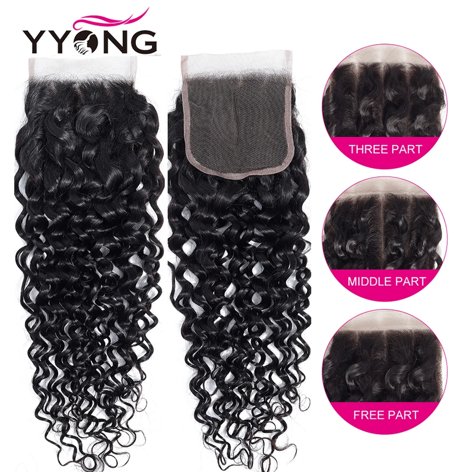 Yyong Brazilian Water Wave Lace Closure 4x4 Swiss Lace Free Middle Three Part Remy Human Hair Natural Color 8-20 inches