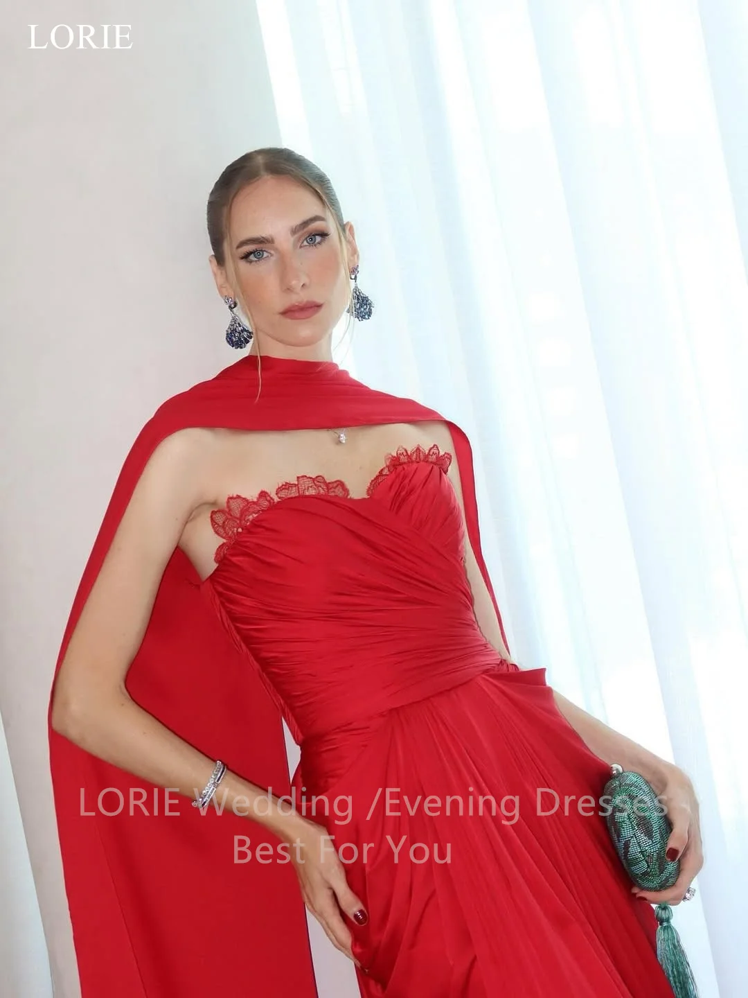 

LORIE Exquisite Red Party Dresses Lace Strapless Sleeveless Pleats Evening Dress Draped Ribbons Backless Prom Gown Customized