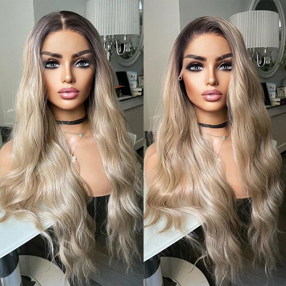 Perruque Lace Front Wig synthétique blond cendré ombré, racines brunes foncées, pour alopécie, perte de cheveux, cadeau pour femmes, résistant à la chaleur