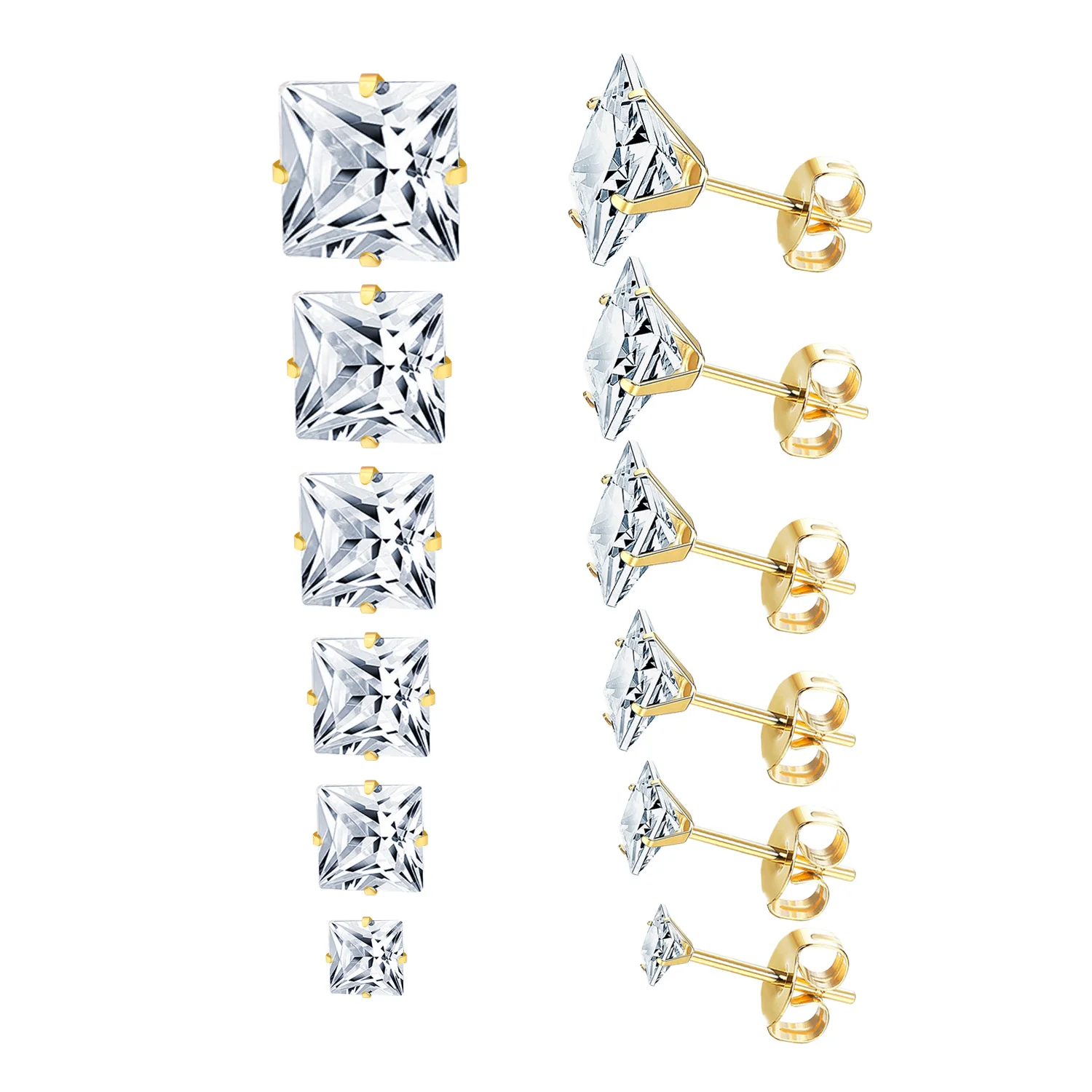 LUXUSTEEL 6Pairs/Box Square Shape CZ Crystal Stud Earrings Sets For Women Men Silver Color Stainless Steel Fashion Jewelry 3-8mm
