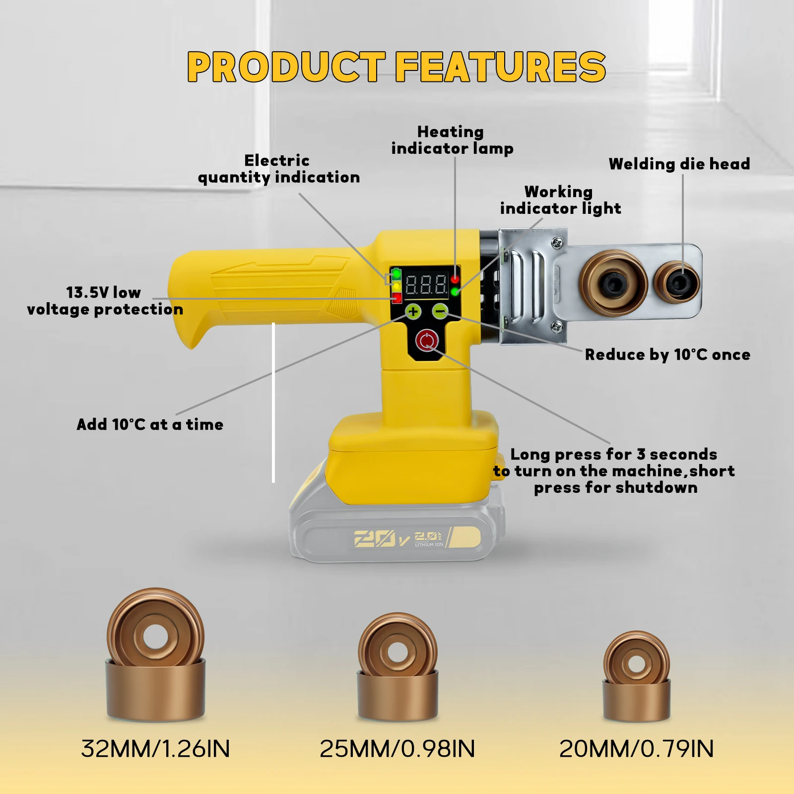 Imagem -04 - Máquina de Solda de Plástico sem Fio Ppr Tubulação de Solda Aquecimento do Tubo Hot Melt para Dewalt Bateria 20v sem Bateria