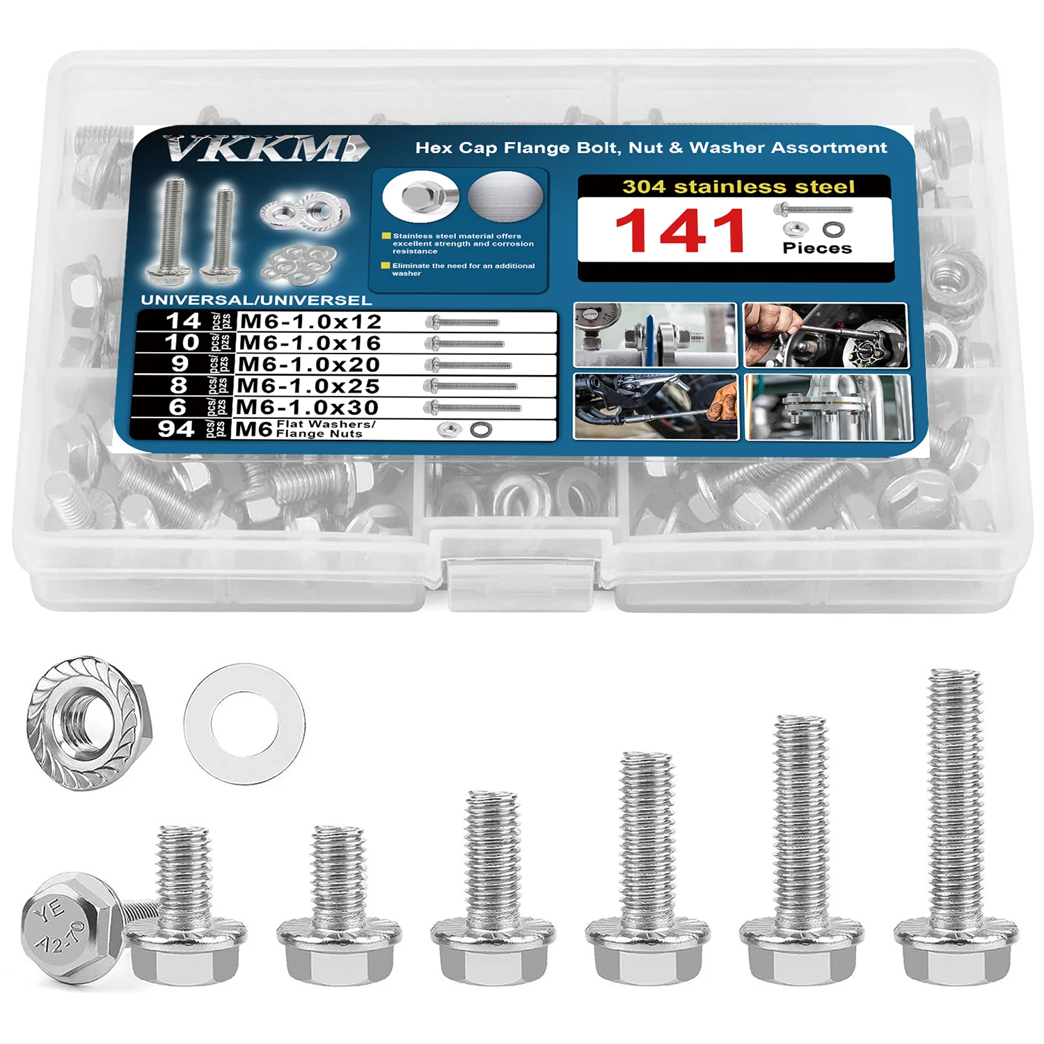 

Stainless Steel M6 Hex Cap Flange Bolt Assortment Kit/Nut & Bolt & Washer Set with Reusable Storage Box and Adjustable Dividers