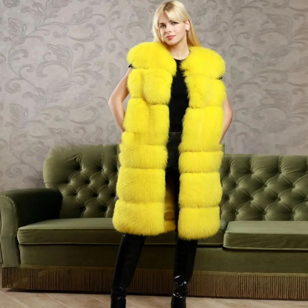 Long Yellow Genuine Fox Fur Coat V-Neck Thick Warm Fur Overcoat Luxury Women Full Pelt Real Fox Fur Jacket Short Sleeve Outwear