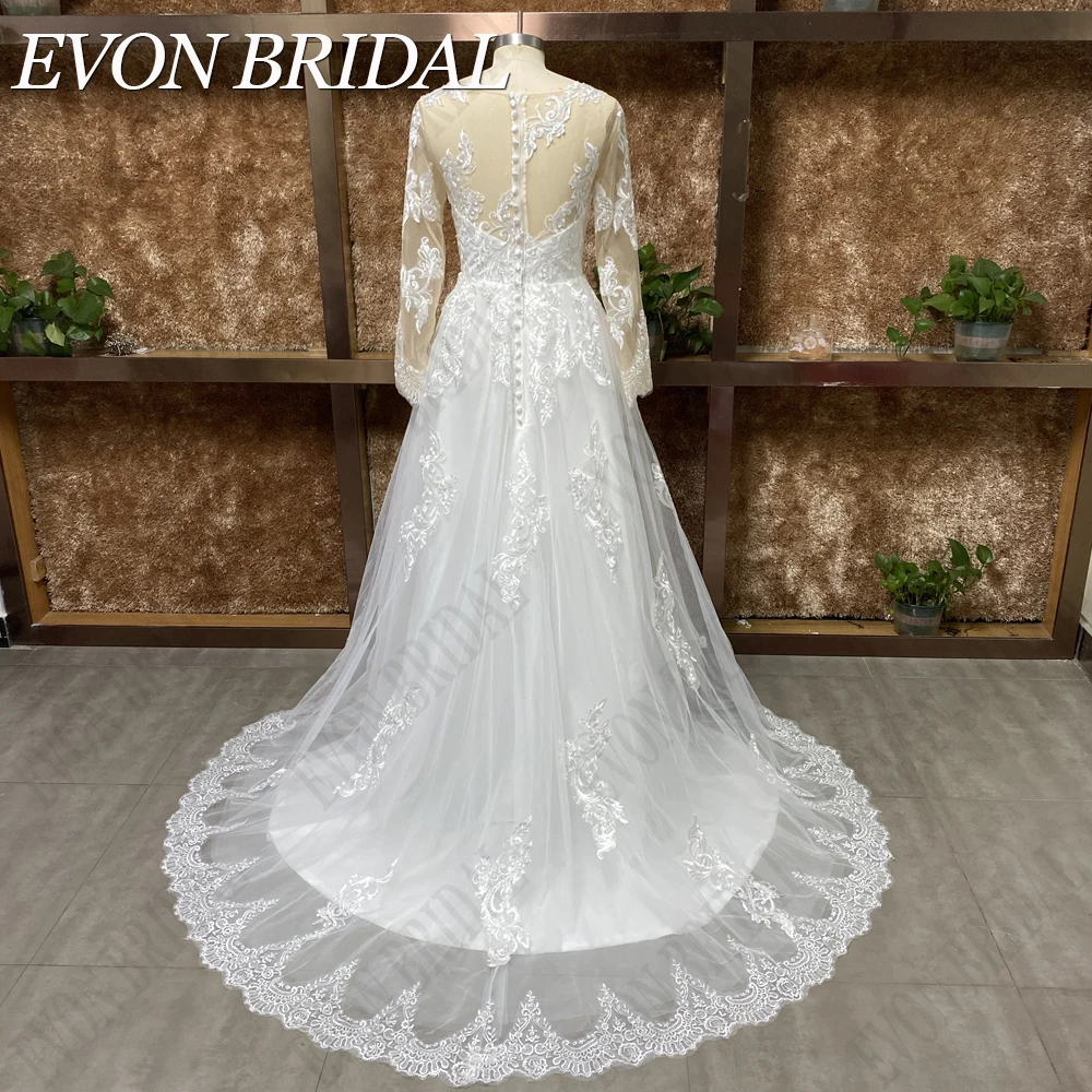 EVON BRIDAL Suknie ślubne z długim rękawem dla kobiet Boho A-Line vestidos de novia cywilne koronkowe tiulowe suknie panny młodej wykonane na zamówienie iluzja aplikacje guziki z tyłu suknia ślubna szyk prawdziwe zdjęc