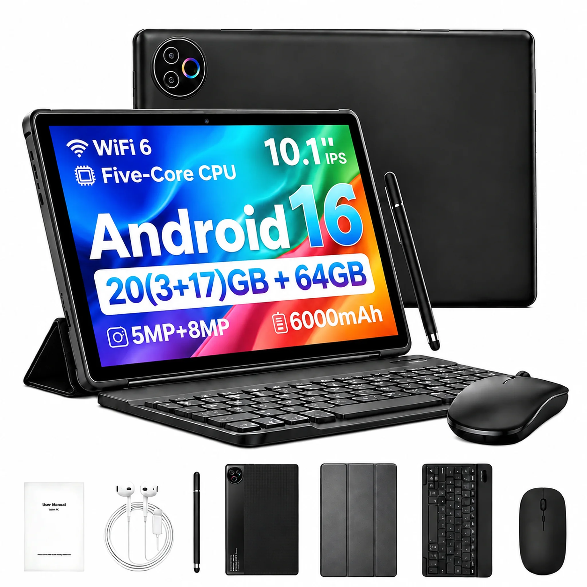 10.1 Inch Android 16 Tablet PC Set, Stylus Keyboard Mouse Headphone Included, 20GB (3+17 expansion) RAM, 64GB ROM, Five-core A333, WiFi6, Widevine L1, 6000mAh, Face Unlock, 5MP+8MP Dual Camera, 1280*800 HD IPS Touch Screen, 1TB TF Expandable, KB1001L
