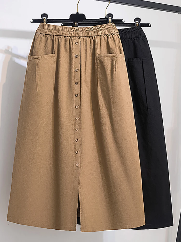 

2024 Solid Elastic Waist Button Cotton Skirt, Vintage Pocket Midi Skirt ForSpring & Fall, women's Clothing Plus Size Khaki Black