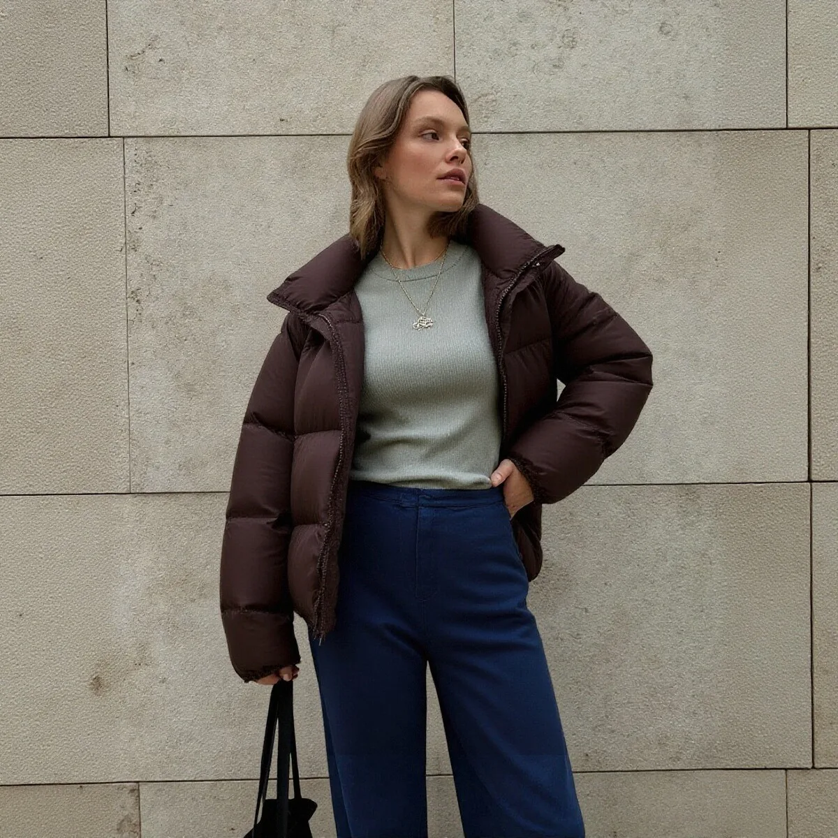 Chaqueta corta acolchada para mujer: acolchada con cuello alto – Conjunto informal navideño, ropa de abrigo extragrande cálida de invierno High Street