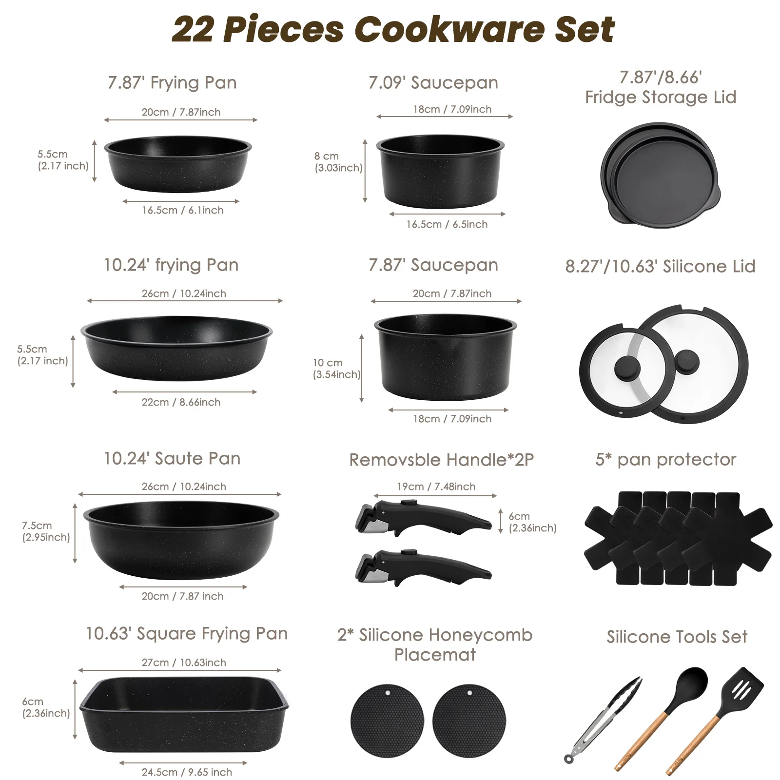 22 pieces, non-stick, induction, dishwasher and oven safe, Black. Great gift for Christmas and Halloween.KIKCOIN.