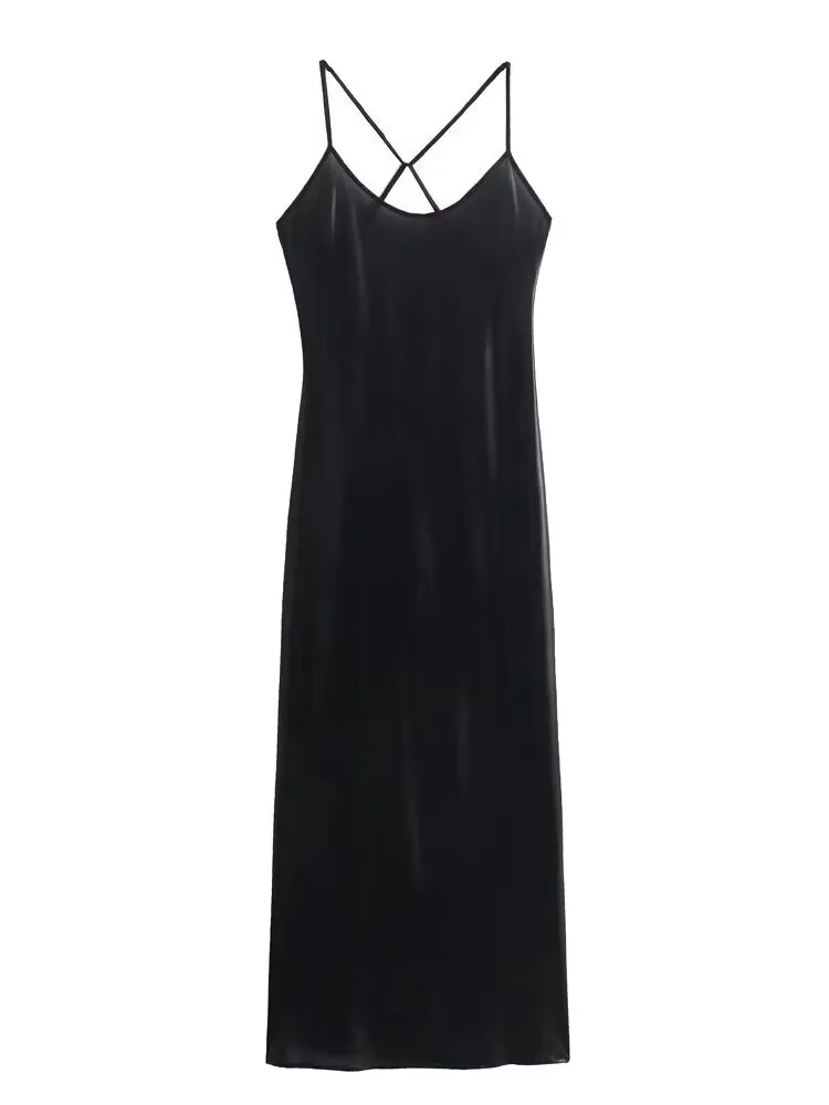 Vestido Lencero Sexy Negro de Satén para Mujer, Elegante con Tirantes Cruzados en la Espalda, Vestido Midi de Verano con Cuello en V, Estilo Seda, para Fiesta y Club