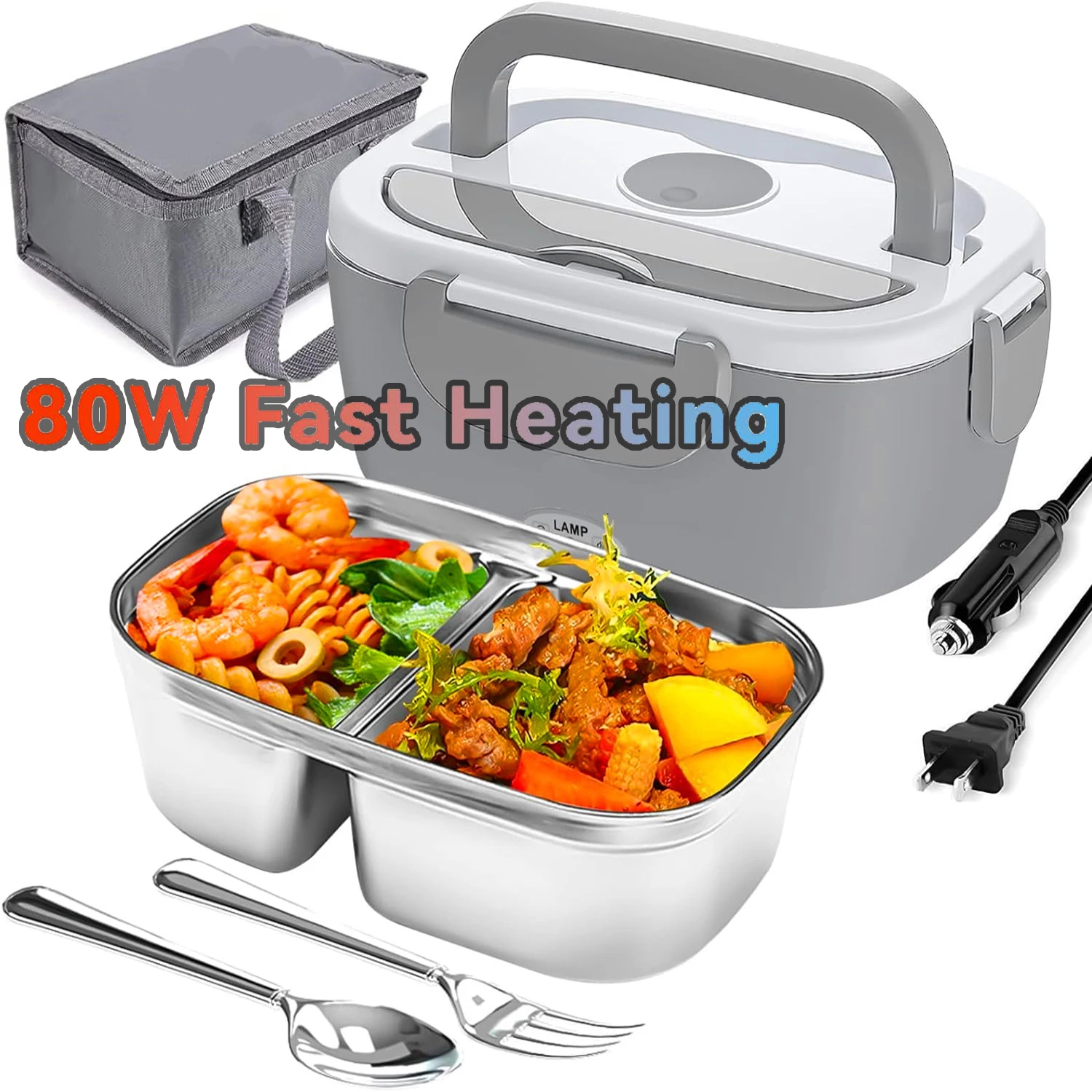 Portable Electric Heated Lunch Box 80W Stainless Steel Detachable 1.5L Heating Bowl Car/Truck/Office Dining Box Microwave Oven