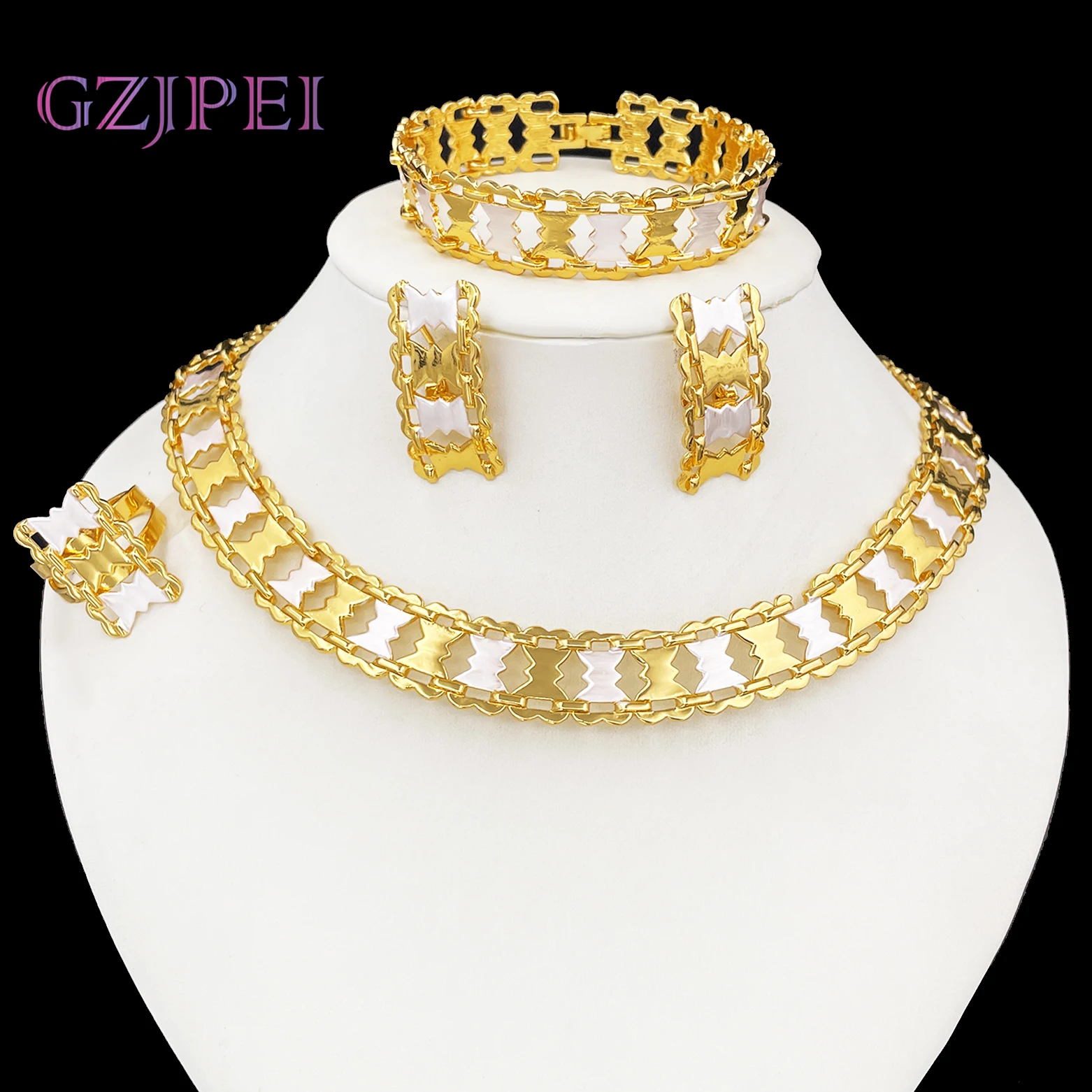 

GZJPEI Italian Hollow Out Design Jewelry Set Two Tone Neck Necklace Bracelet Chic Stud Earring Ring For Bridal Wedding Gift 2025