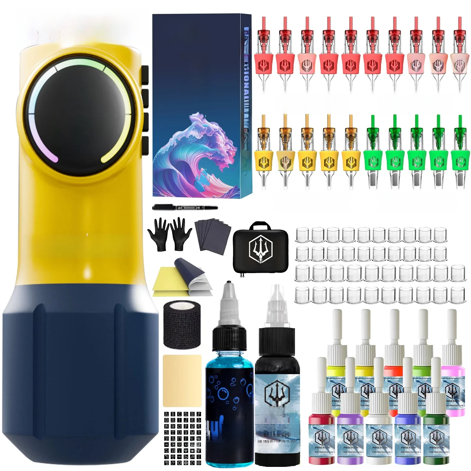 Zestaw do tatuażu POSEIDON Cute Yellow Tattoo Pen Kit do makijażu permanentnego Zestaw do tatuażu Nowy zasilacz do tatuażu Zestaw pistoletu do tatuażu — zdjęcie 2