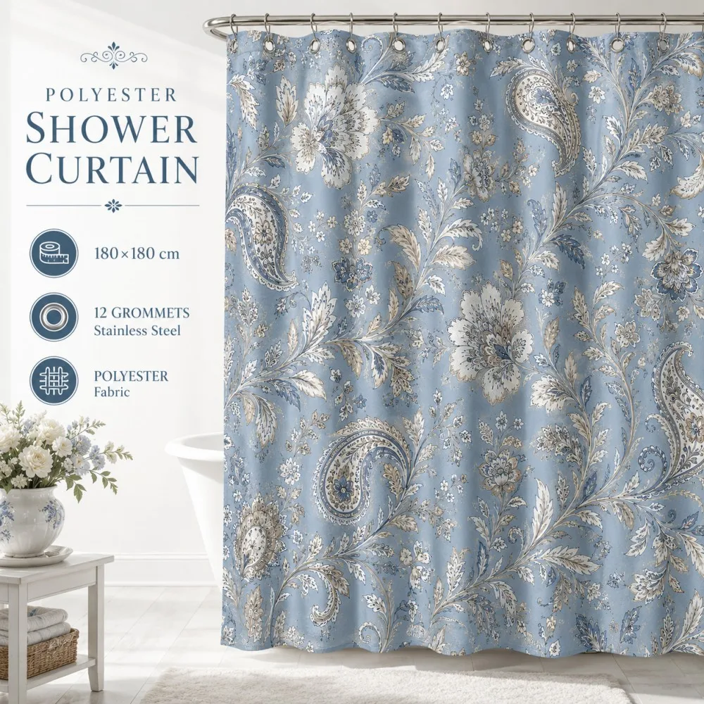 

Blue Floral Paisley Shower Curtain 180x180cm Polyester Water Resistant Bathroom Decor with 12 Stainless Steel Grommets for Bath