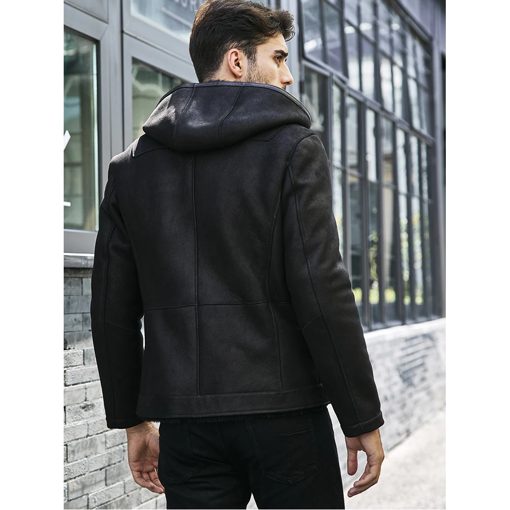 Denny&Dora Mens Shearling Jacket Black Leather Jacket Warm Fur Coat Casual Jacket