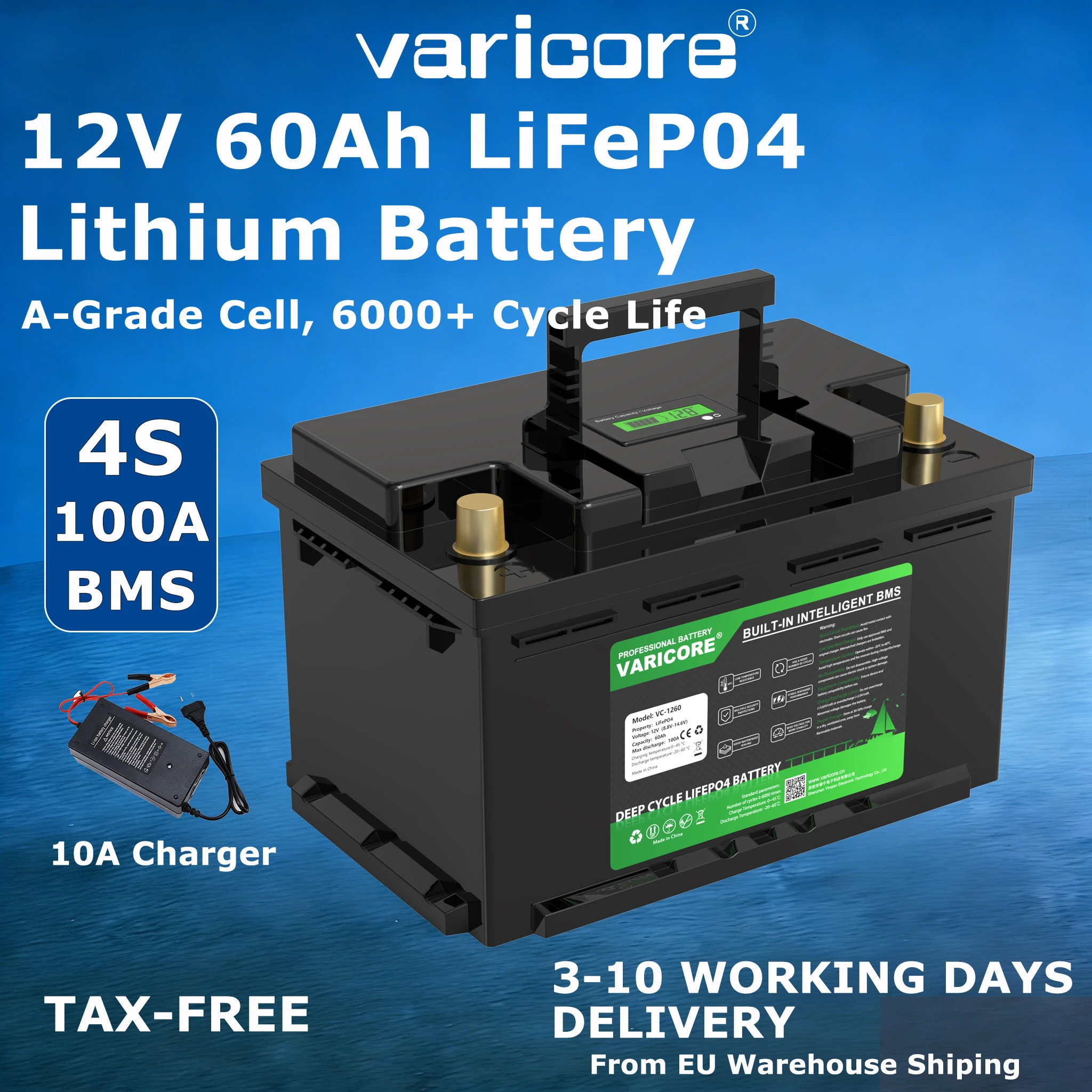 Pacco batterie VariCore 12V 60Ah LiFePO4: elevata capacità di accumulo energetico per camper, motocicli, campeggio e attività all’aperto.