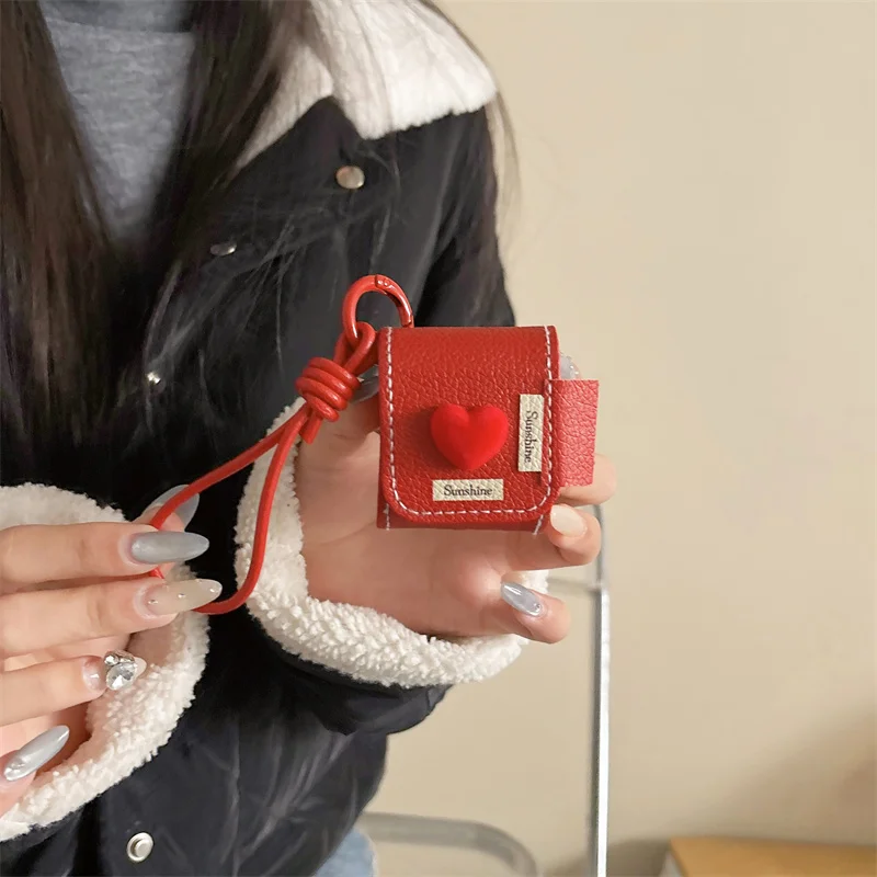 

3D Red Heart leather earphone case for Apple Airpods pro 2 Airpods 4 3 2 1 Protective case with lashing bottom headphone cover