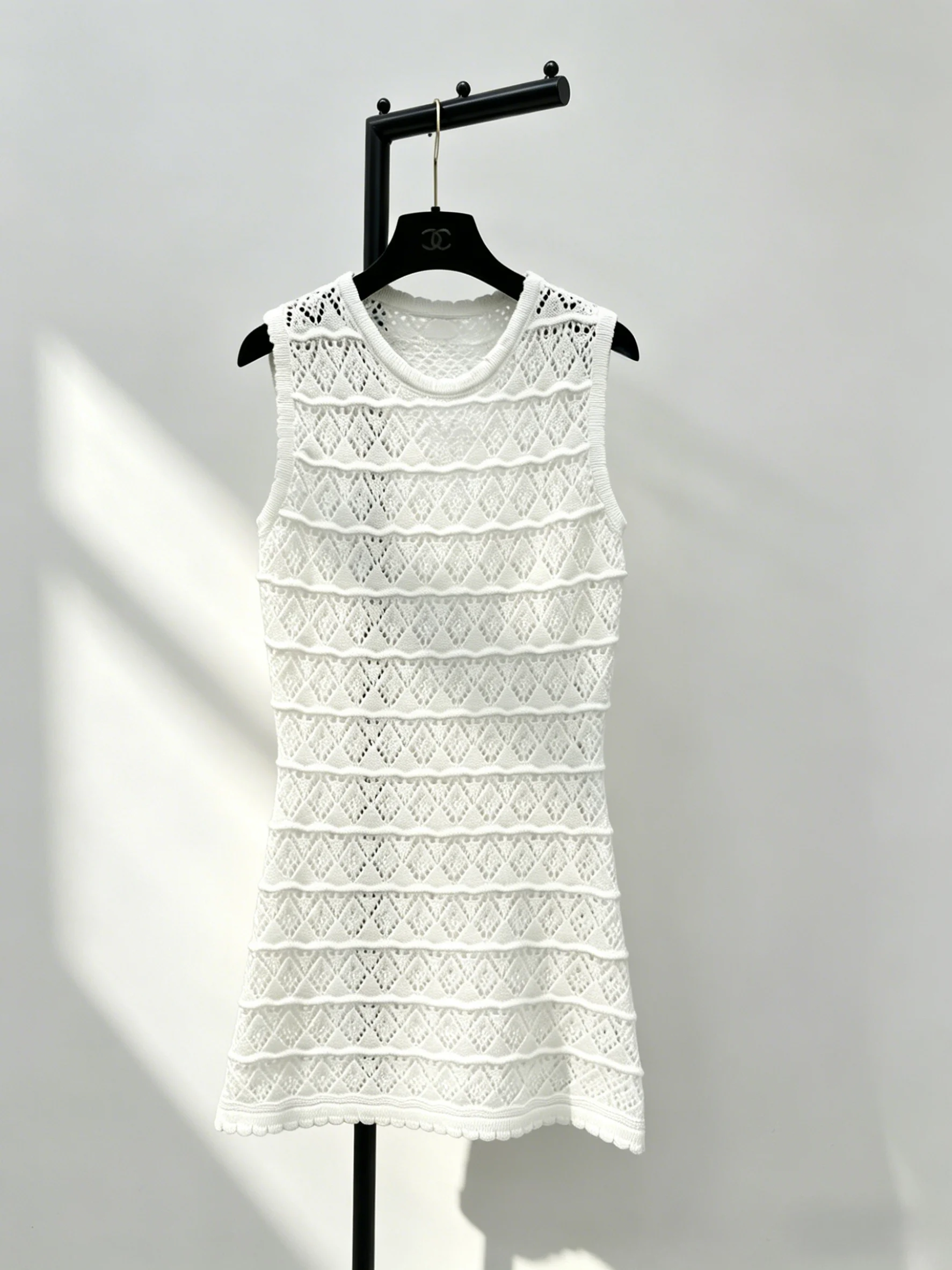 

2026 New Women Crochet Knit Dress Size M L Casual Sleeveless Hollow Out White Mini Dress Code025