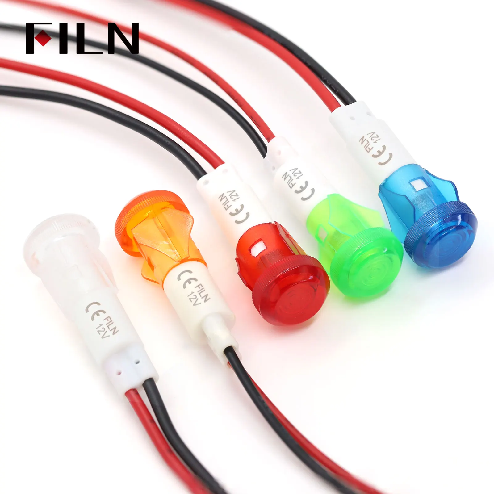 FILN 10mm mounting hole diameter red yellow green blue white plastic 12v pilot lamp with 20cm cable