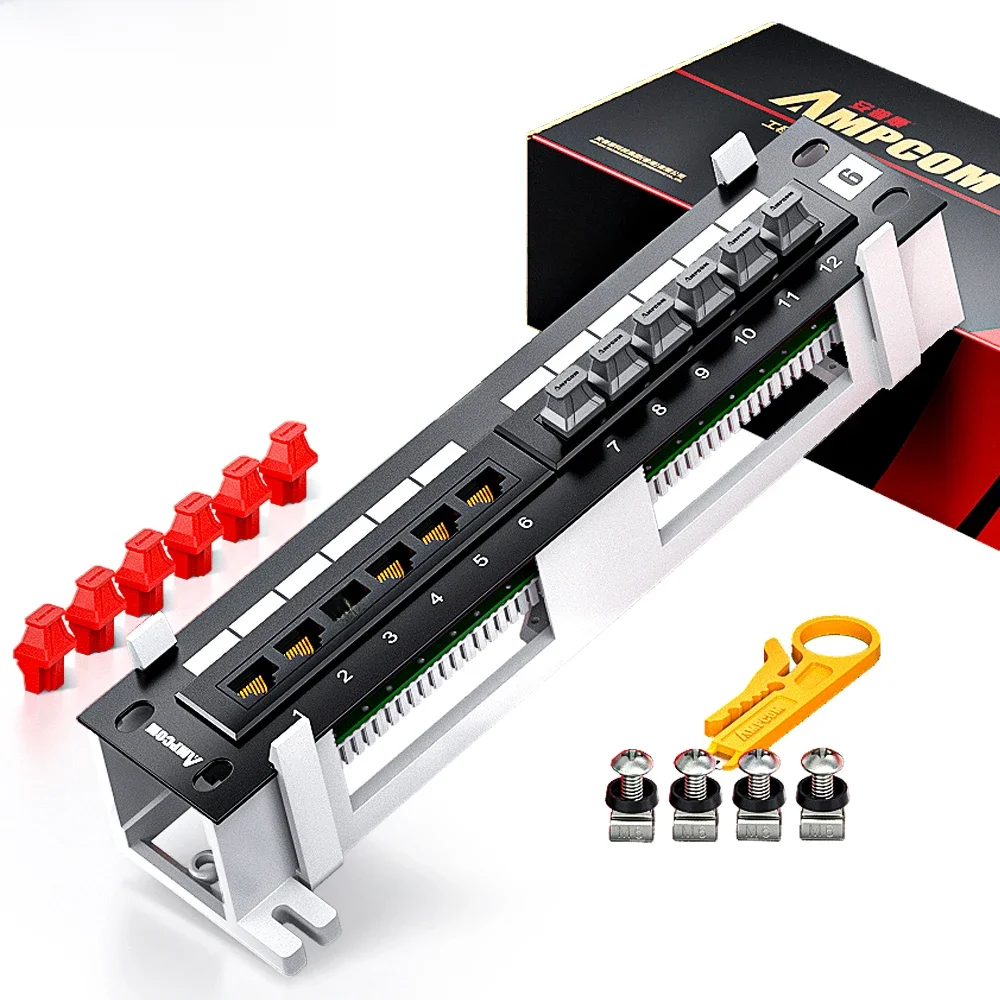AMPCOM 12-portowy panel krosowy Cat 6A / Cat6UTP Mini panel krosowy z uchwytem do montażu naściennego w zestawie, czarny — zdjęcie 2