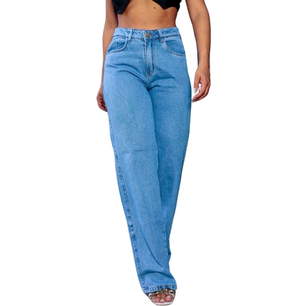 Calça Jeans Wide Leg Pantalona Feminina Cintura Alta