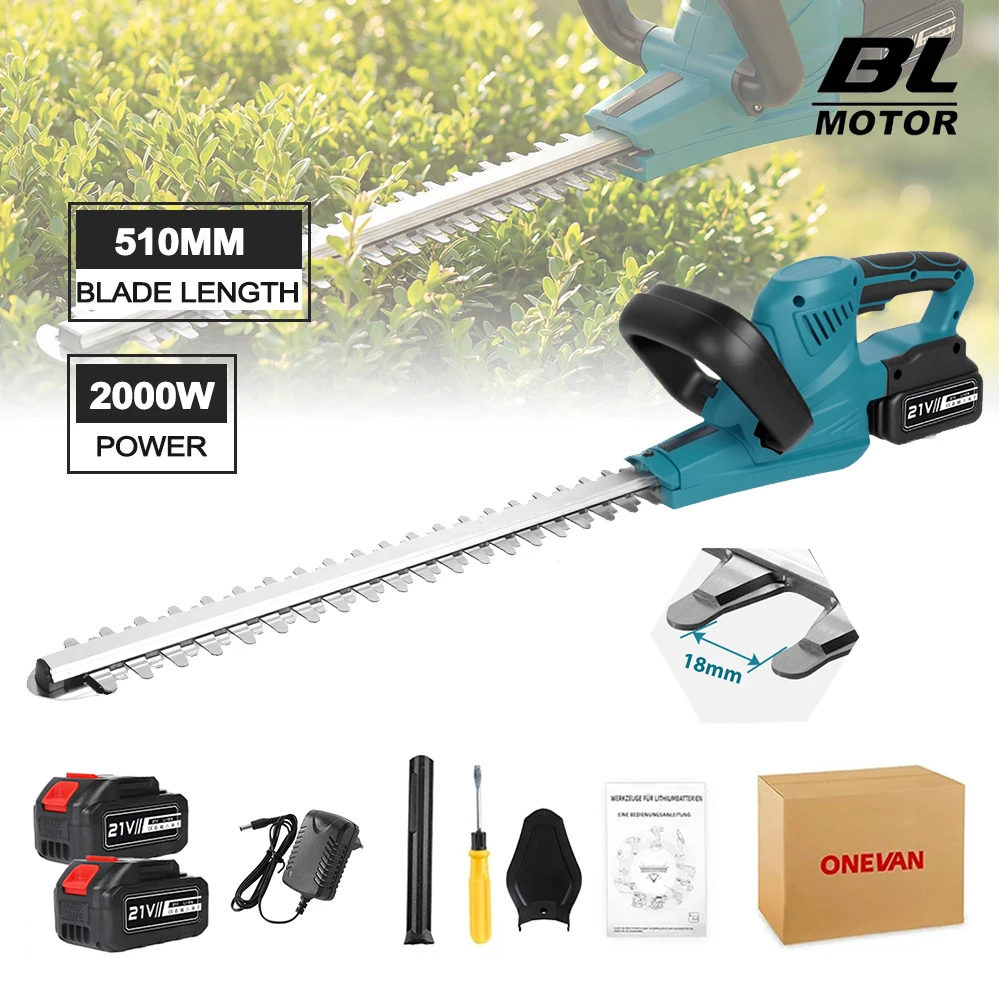 Taille-haie électrique sans fil 2000W 510mm à moteur sans balais, lame antirouille, outils de jardinage pour l'entretien des pelouses et la taille de l'herbe
