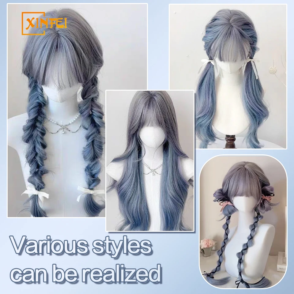 Wig untuk wanita panjang ikal rambut gelombang besar kabut biru Wig dengan poni alami simulasi berbulu Lolita Wig untuk Cospay penggunaan sehari-hari