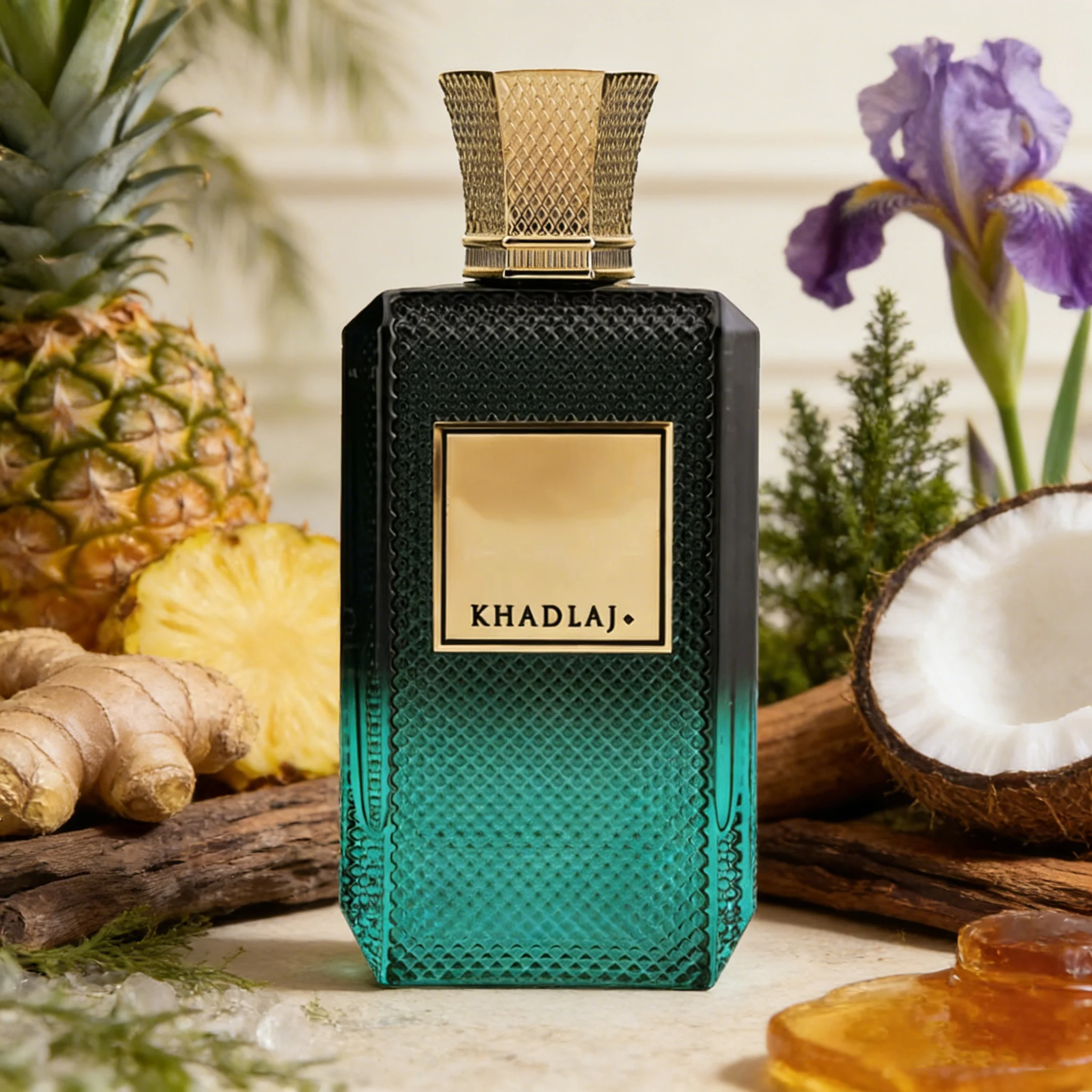 Extrait de parfum unisexe boisé marin longue tenue avec flacon dégradé vert sarcelle