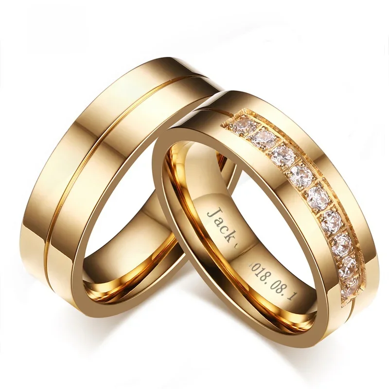 Bling CZ Stone Wedding Bands Rings for Women Men Gold Tone Stainless Steel Promise Love Anillo Alianca Bijoux Customized Engrave — zdjęcie 2