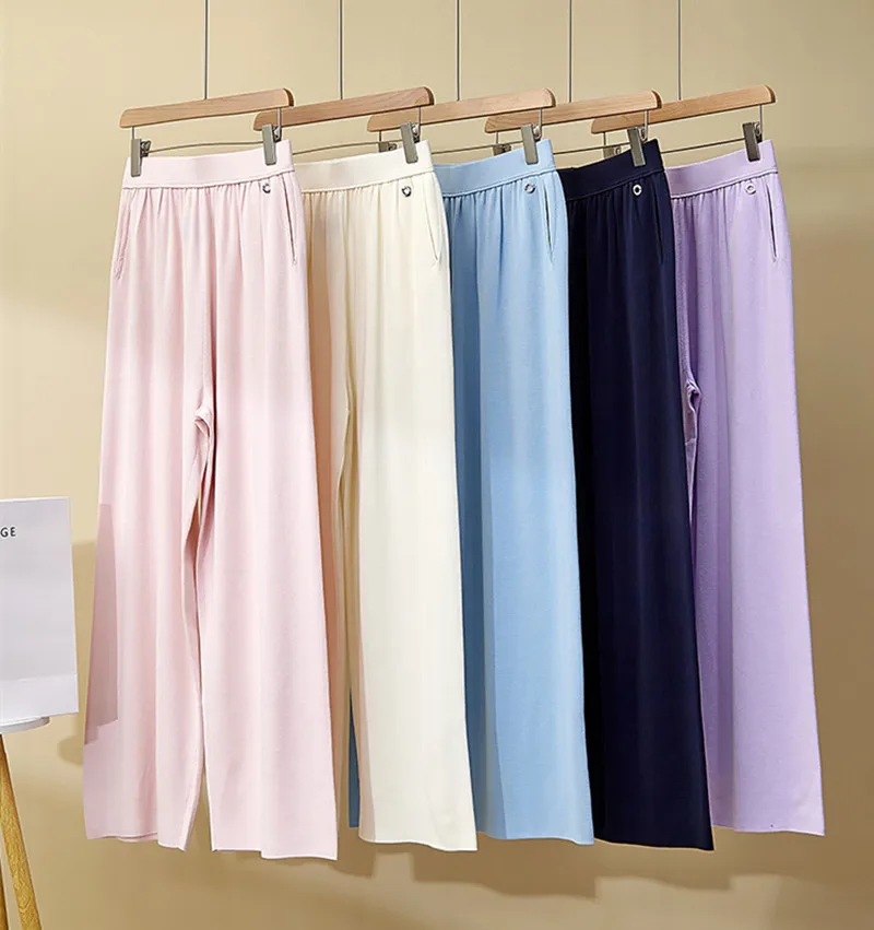 2025 Pantaloni a gamba larga in cotone di seta nuovi primavera/estate da donna, pantaloni dritti lavorati a maglia a vita alta casual tutto-fiammifero